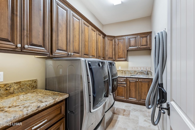 1589 Park Terrace Ave, Lake Havasu City, AZ 86404 - laundry area featuring cabinet space, stone finish floor, a sink, and independent washer and dryer