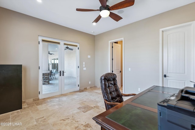 1589 Park Terrace Ave, Lake Havasu City, AZ 86404 - office area featuring ceiling fan, stone finish flooring, french doors, and baseboards
