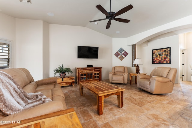 living room featuring lofted ceiling and ceiling fan