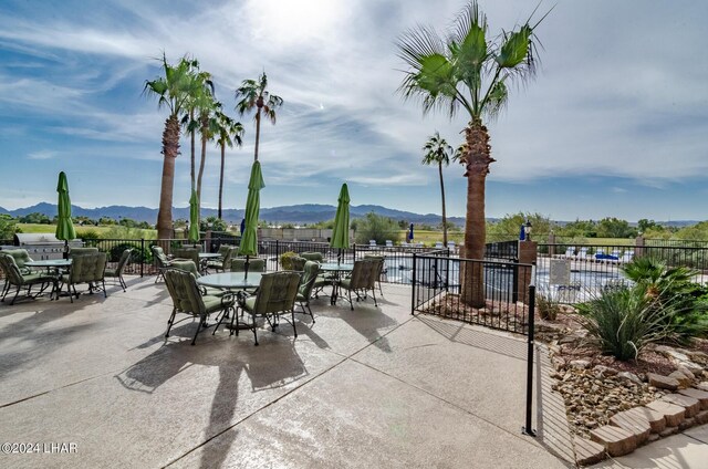 view of patio with a mountain view