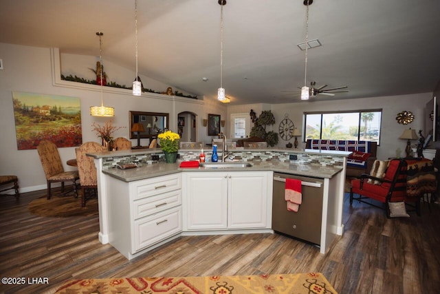 2870 Havasupai Blvd, Lake Havasu City, AZ 86404 - kitchen featuring dishwasher, a sink, open floor plan, ceiling fan, and lofted ceiling