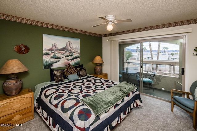 carpeted bedroom featuring a textured ceiling, a ceiling fan, and access to outside