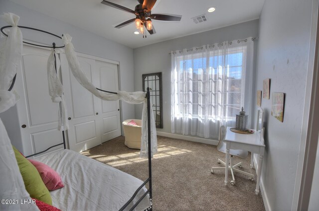8551 River View Villas Dr Unit 15, Parker, AZ 85344 - bedroom featuring carpet flooring, a closet, recessed lighting, baseboards, and a ceiling fan