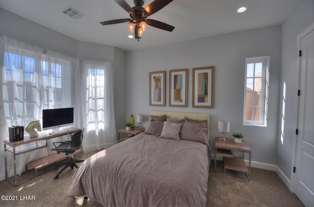 8551 River View Villas Dr Unit 15, Parker, AZ 85344 - bedroom featuring carpet, recessed lighting, baseboards, an office area, and a ceiling fan