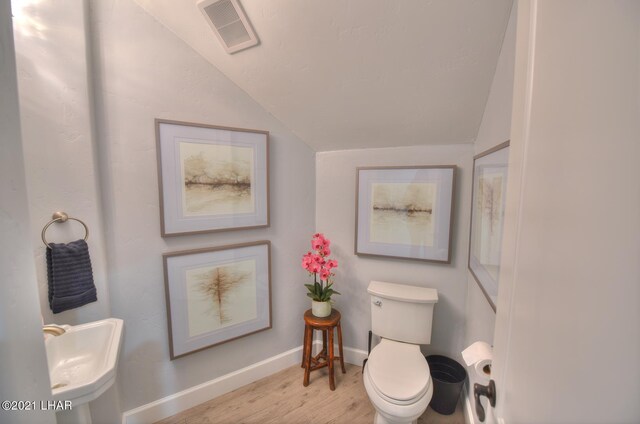 8551 River View Villas Dr Unit 15, Parker, AZ 85344 - bathroom with vaulted ceiling, wood finished floors, toilet, baseboards, and a sink