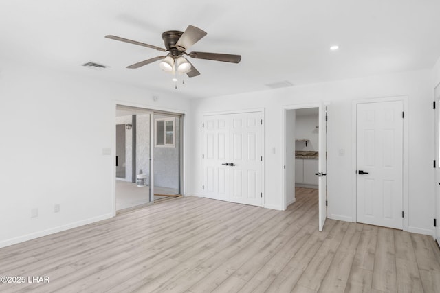 2870 Cisco Dr S, Lake Havasu City, AZ 86403 - unfurnished bedroom with light wood-type flooring, recessed lighting, ensuite bath, and ceiling fan