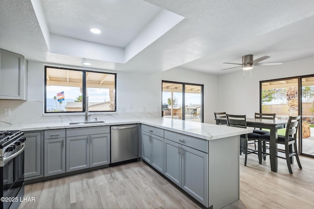 kitchen featuring gray cabinetry, appliances with stainless steel finishes, a healthy amount of sunlight, a sink, and a peninsula