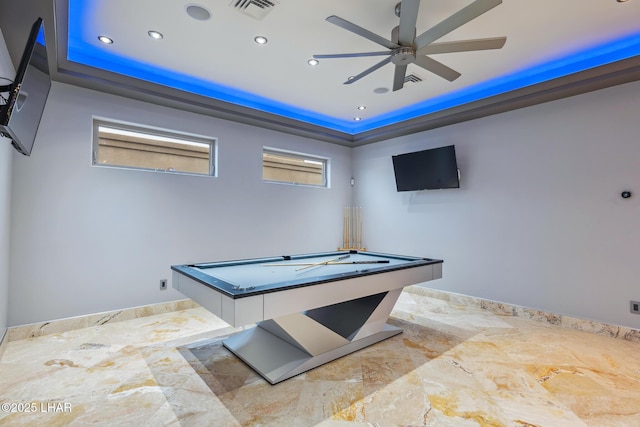 playroom featuring recessed lighting, visible vents, a raised ceiling, and ceiling fan