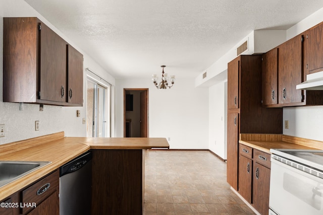 2780 Cisco Dr N, Lake Havasu City, AZ 86403 - kitchen featuring dishwasher, a chandelier, a peninsula, under cabinet range hood, and white electric range oven