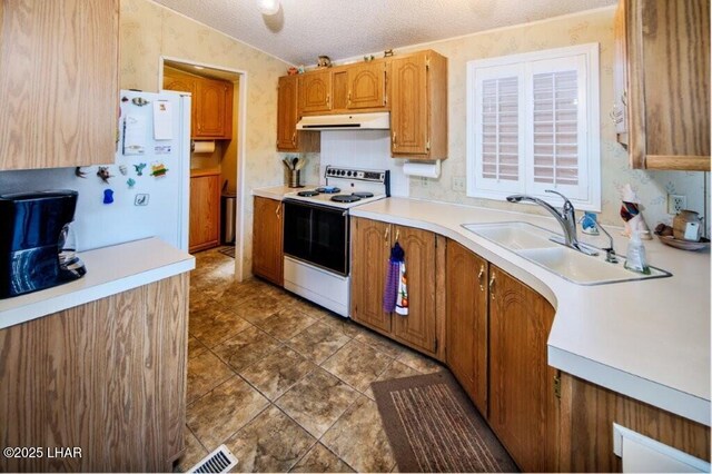 10056 Harbor View Rd, Parker, AZ 85344 - kitchen with white appliances, under cabinet range hood, a textured ceiling, light countertops, and a sink