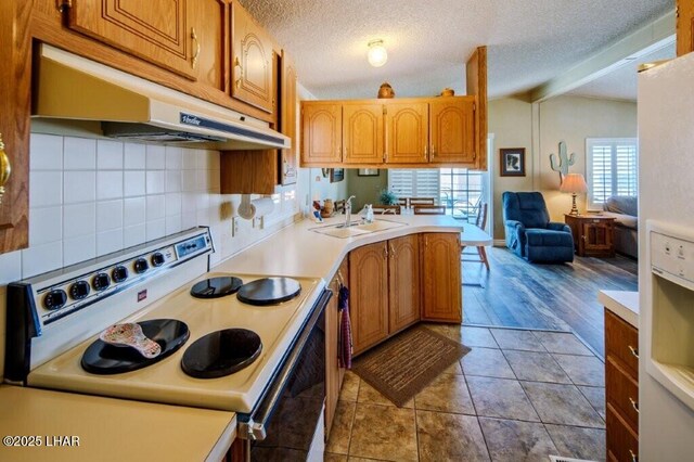 10056 Harbor View Rd, Parker, AZ 85344 - kitchen with white range with electric stovetop, under cabinet range hood, a sink, light countertops, and a peninsula
