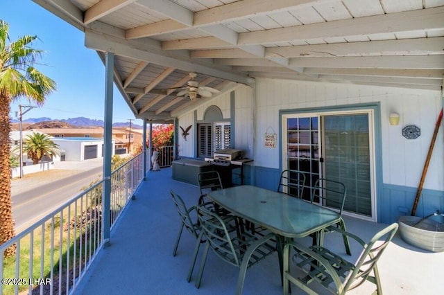 10056 Harbor View Rd, Parker, AZ 85344 - view of patio / terrace with ceiling fan, a mountain view, area for grilling, and outdoor dining area