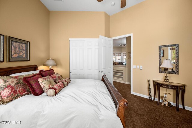 8480 Miraleste Shores Dr, Parker, AZ 85344 - carpeted bedroom featuring a closet, a high ceiling, and ceiling fan