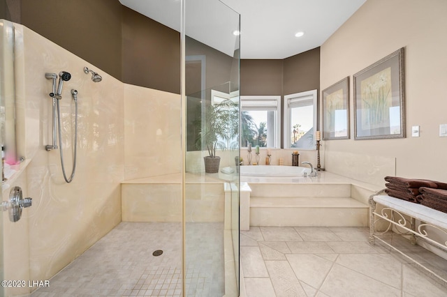 8480 Miraleste Shores Dr, Parker, AZ 85344 - bathroom featuring a garden tub, a walk in shower, tile patterned floors, and recessed lighting