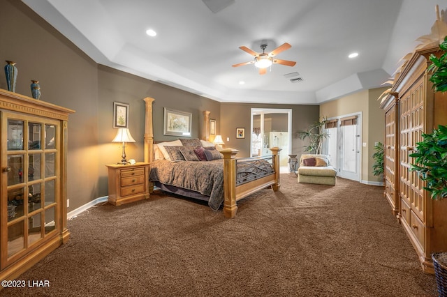 8480 Miraleste Shores Dr, Parker, AZ 85344 - carpeted bedroom featuring recessed lighting, ceiling fan, a raised ceiling, and french doors