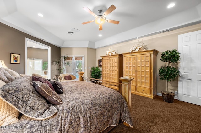 8480 Miraleste Shores Dr, Parker, AZ 85344 - carpeted bedroom with recessed lighting, a tray ceiling, and a ceiling fan