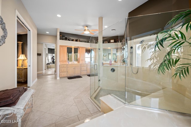 8480 Miraleste Shores Dr, Parker, AZ 85344 - full bath featuring vanity, a shower stall, recessed lighting, a ceiling fan, and tile patterned flooring