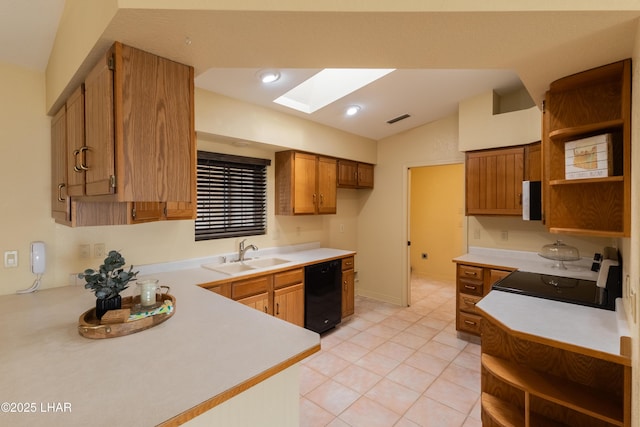 kitchen with visible vents, open shelves, a sink, stove, and dishwasher