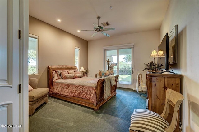 carpeted bedroom featuring access to outside and ceiling fan