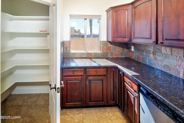 kitchen with tasteful backsplash, reddish brown cabinets, stainless steel dishwasher, and light tile patterned floors