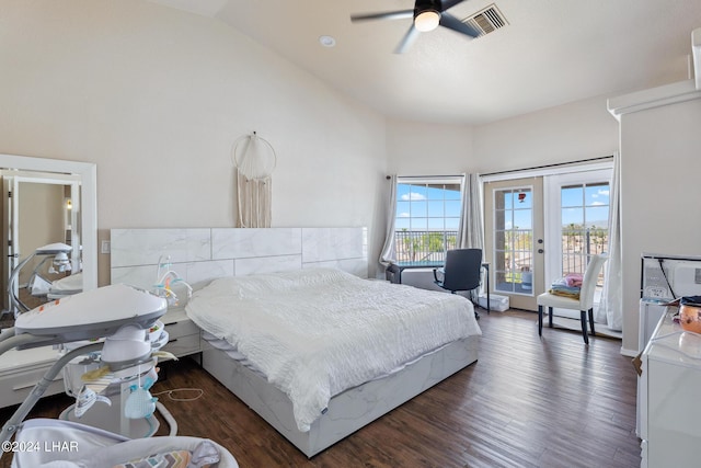 bedroom featuring dark wood-style floors, high vaulted ceiling, french doors, and access to exterior