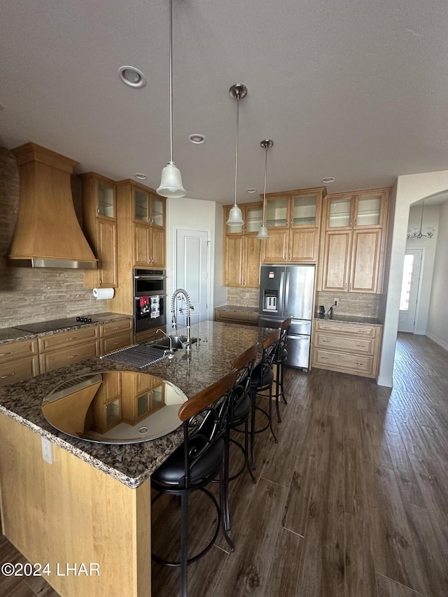 kitchen featuring a spacious island, dark wood-type flooring, sink, custom exhaust hood, and appliances with stainless steel finishes