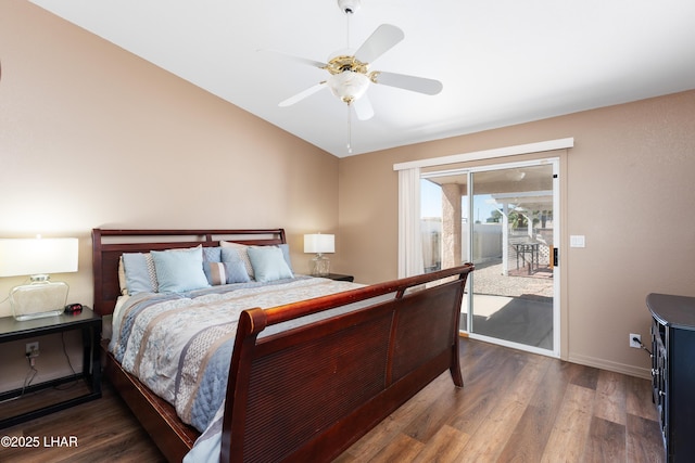 1607 Linda Dr, Lake Havasu City, AZ 86403 - bedroom featuring access to exterior, dark wood finished floors, baseboards, lofted ceiling, and a ceiling fan