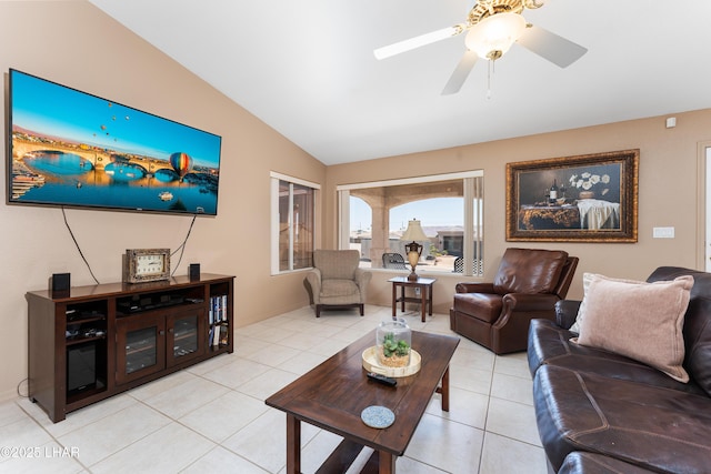 1607 Linda Dr, Lake Havasu City, AZ 86403 - living area with vaulted ceiling, tile patterned floors, and a ceiling fan