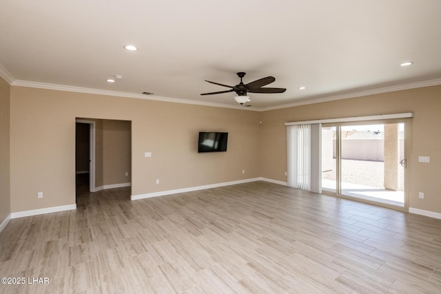 empty room with baseboards, ornamental molding, recessed lighting, light wood-style flooring, and a ceiling fan