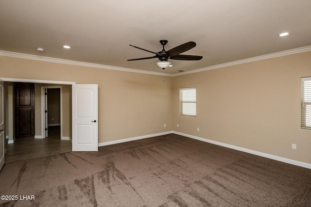 carpeted spare room with recessed lighting, baseboards, a ceiling fan, and crown molding