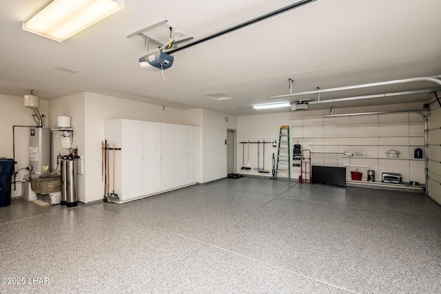 garage with a garage door opener and water heater