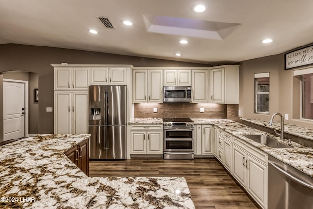 kitchen with sink, light stone counters, vaulted ceiling, dark hardwood / wood-style floors, and stainless steel appliances