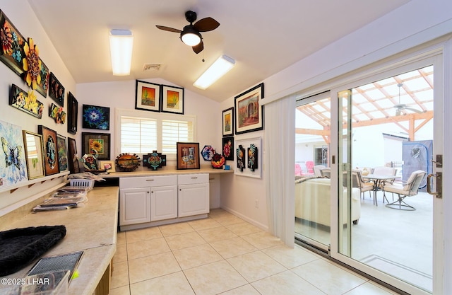49605 Felspar Ave, Quartzsite, AZ 85346 - office area with a ceiling fan, lofted ceiling, and light tile patterned floors