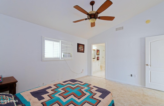 49605 Felspar Ave, Quartzsite, AZ 85346 - unfurnished bedroom featuring vaulted ceiling, ceiling fan, and ensuite bath
