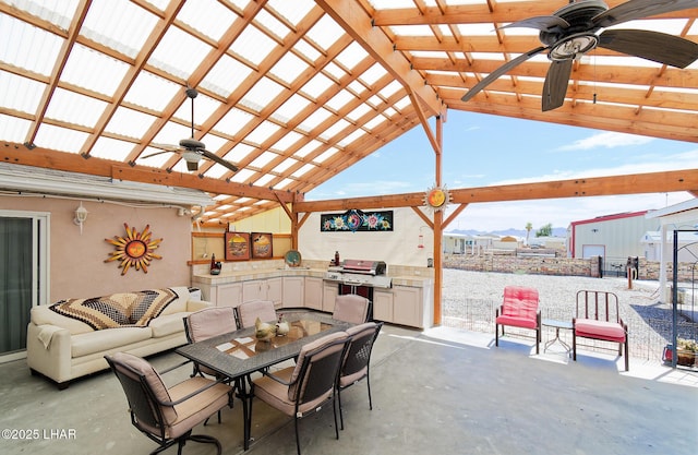 49605 Felspar Ave, Quartzsite, AZ 85346 - view of patio with ceiling fan, area for grilling, outdoor dining space, and a pergola