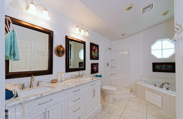 49605 Felspar Ave, Quartzsite, AZ 85346 - full bathroom with double vanity, tile patterned flooring, a garden tub, and a shower