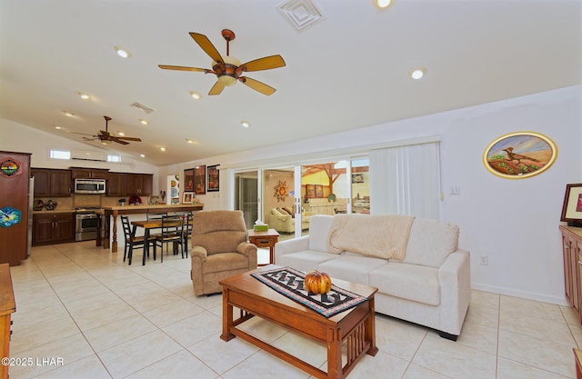 49605 Felspar Ave, Quartzsite, AZ 85346 - living area featuring ceiling fan, lofted ceiling, and light tile patterned floors