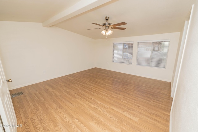 31447 Marine Dr, Parker, AZ 85344 - spare room featuring visible vents, baseboards, lofted ceiling with beams, light wood-type flooring, and a ceiling fan