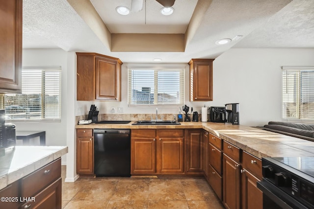 kitchen featuring a healthy amount of sunlight, a tray ceiling, a sink, stove, and black dishwasher