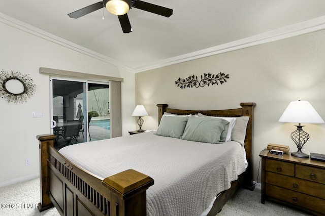 bedroom with baseboards, ceiling fan, ornamental molding, access to exterior, and light carpet