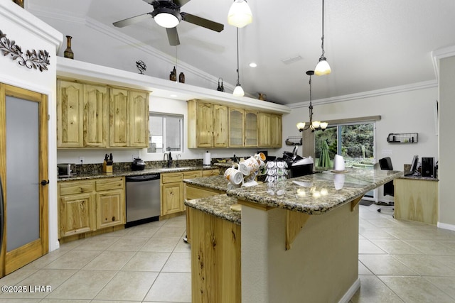 kitchen featuring light tile patterned floors, crown molding, and stainless steel dishwasher