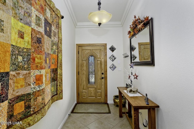 doorway with light tile patterned floors, baseboards, and crown molding