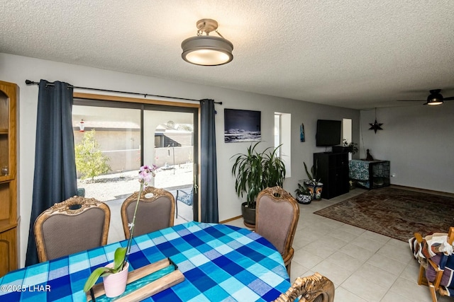 dining space featuring ceiling fan and a textured ceiling