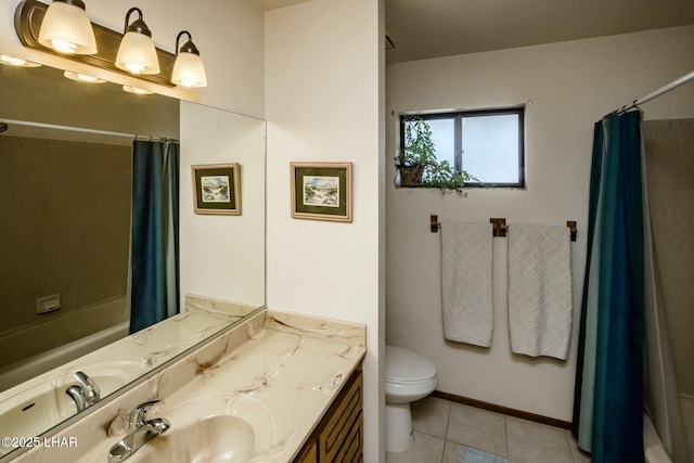 bathroom featuring shower / tub combo, baseboards, toilet, tile patterned floors, and vanity