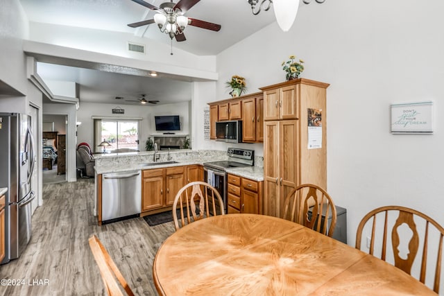 kitchen featuring appliances with stainless steel finishes, sink, light stone counters, and kitchen peninsula