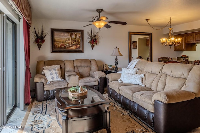 living room with ceiling fan with notable chandelier