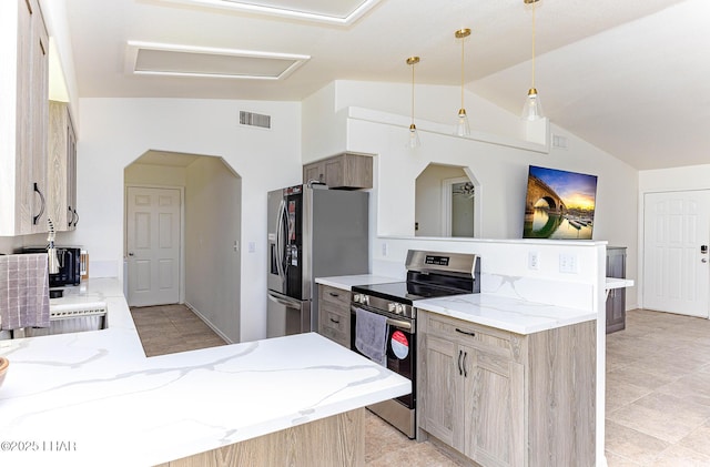 kitchen with stainless steel appliances, vaulted ceiling, pendant lighting, and light stone counters