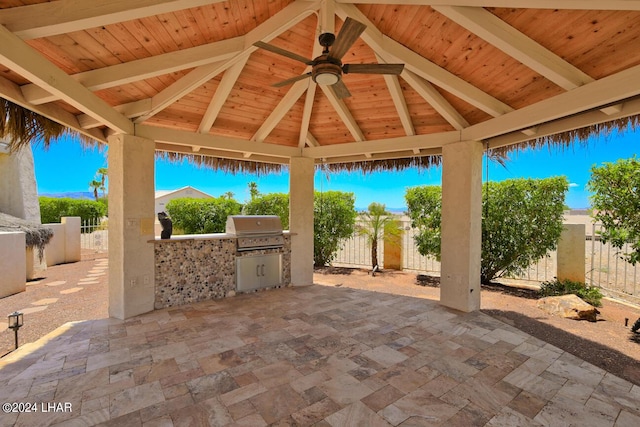 view of patio with a gazebo, a grill, area for grilling, and ceiling fan