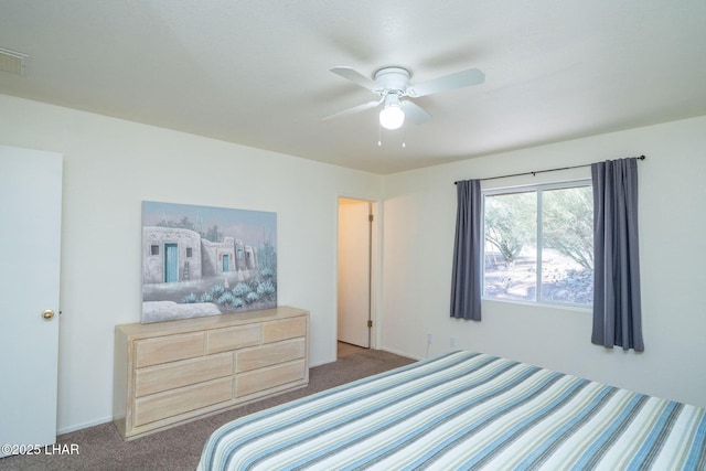 bedroom with visible vents, carpet floors, and a ceiling fan