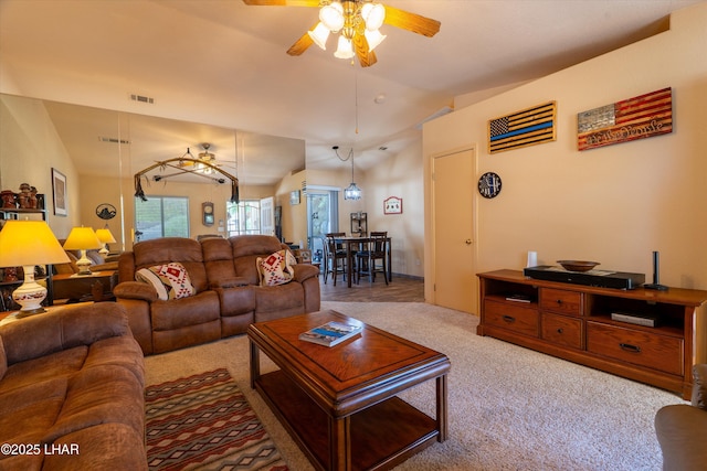 3841 Big Horn Dr, Lake Havasu City, AZ 86406 - living room with vaulted ceiling, ceiling fan, and light colored carpet